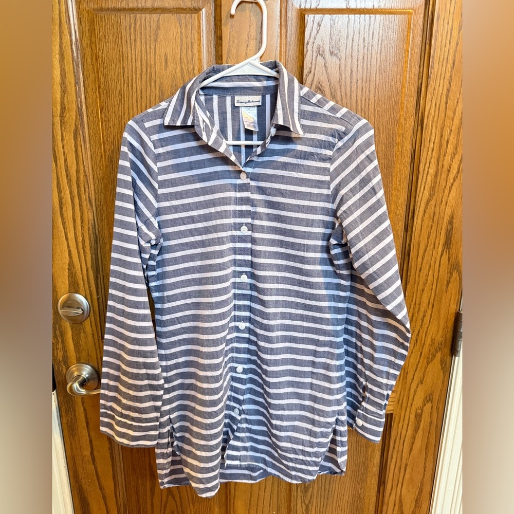 Tommy Bahama Women’s Grey and White Striped Long Sleeve Roll Tab Shirt Dress